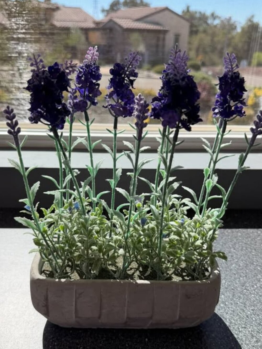Faux Lavender Plant in Rustic Rectangular Planter $8